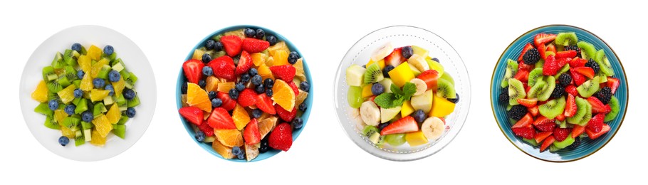 Fruit salad, collection. Mixed fresh berries and fruits isolated on white, top view