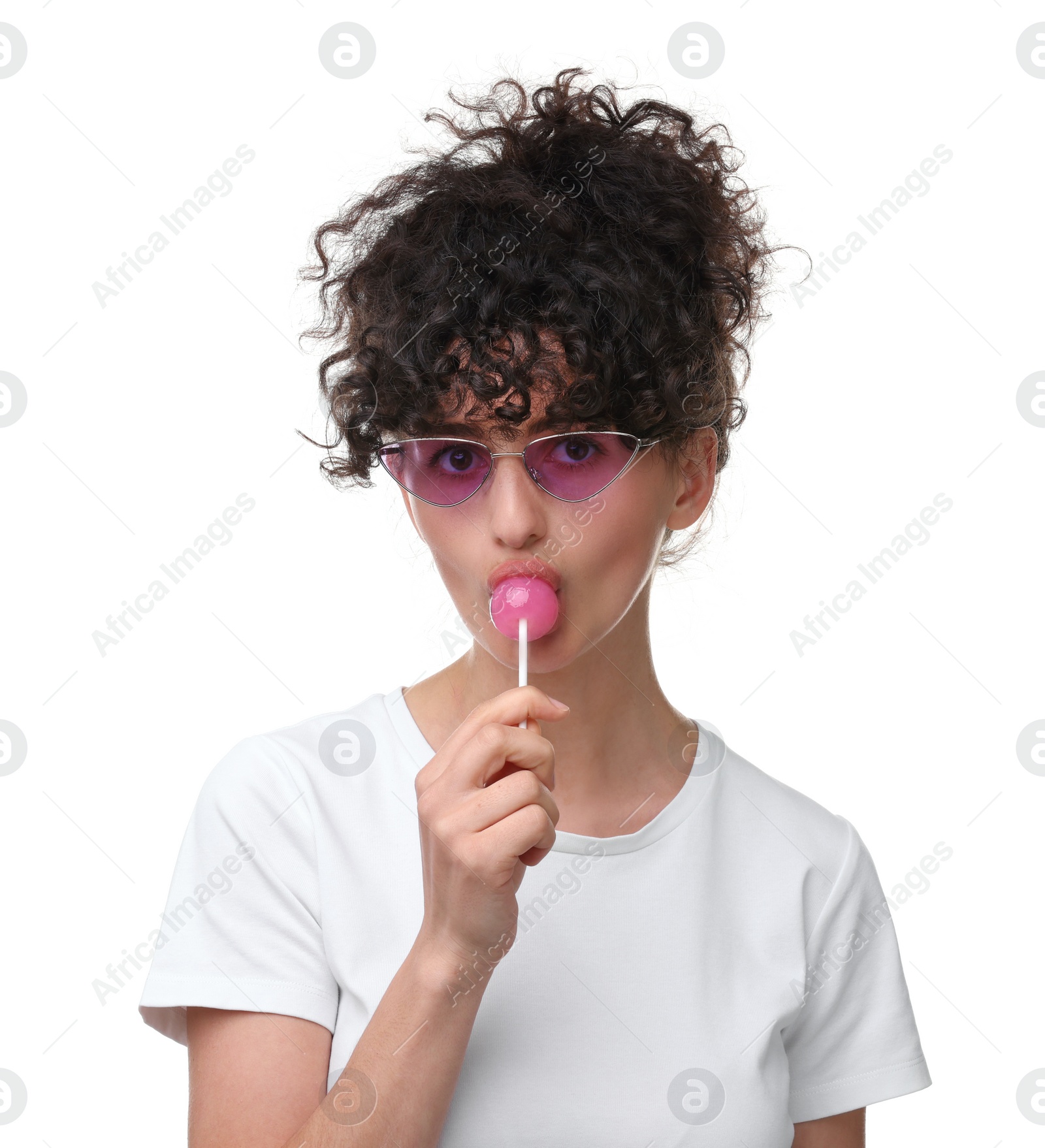 Photo of Beautiful woman in sunglasses with lollipop on white background