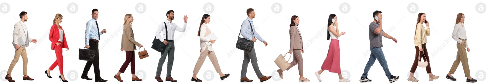 Image of Collage with photos of people wearing stylish outfit walking on white background. Banner design