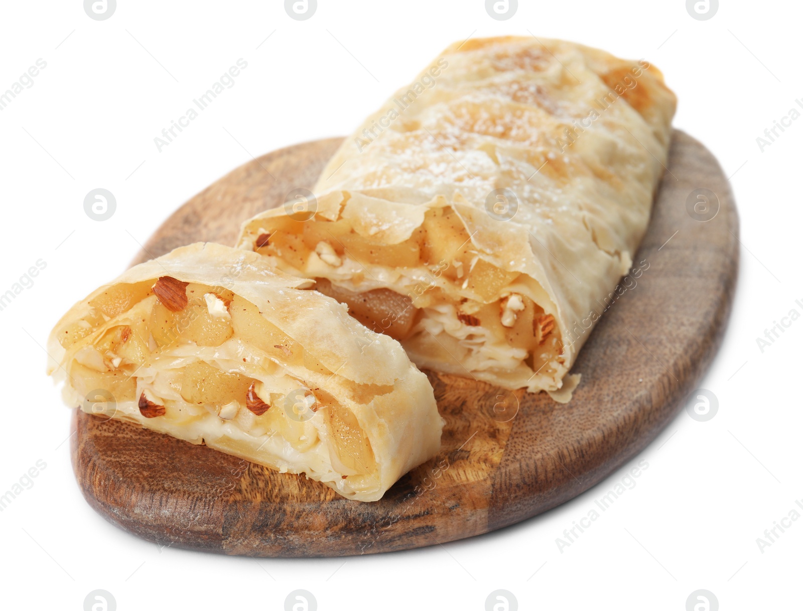 Photo of Delicious apple strudel with almonds and powdered sugar isolated on white