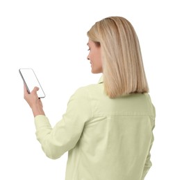 Woman using smartphone with blank screen on white background