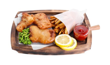 Photo of Tasty fish, chips, sauce and peas isolated on white