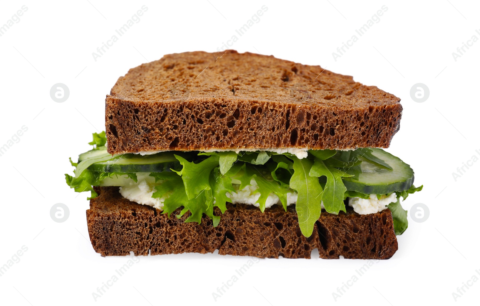 Photo of Tasty sandwich with cream cheese, cucumber and greens on white background