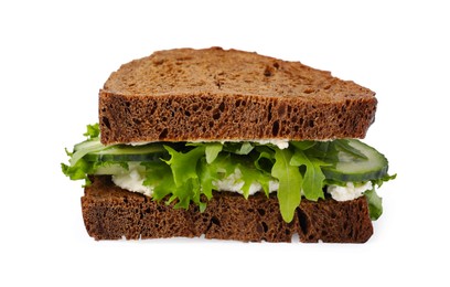 Tasty sandwich with cream cheese, cucumber and greens on white background