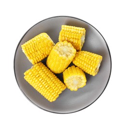 Photo of Plate with tasty cooked corn cobs on white background, top view