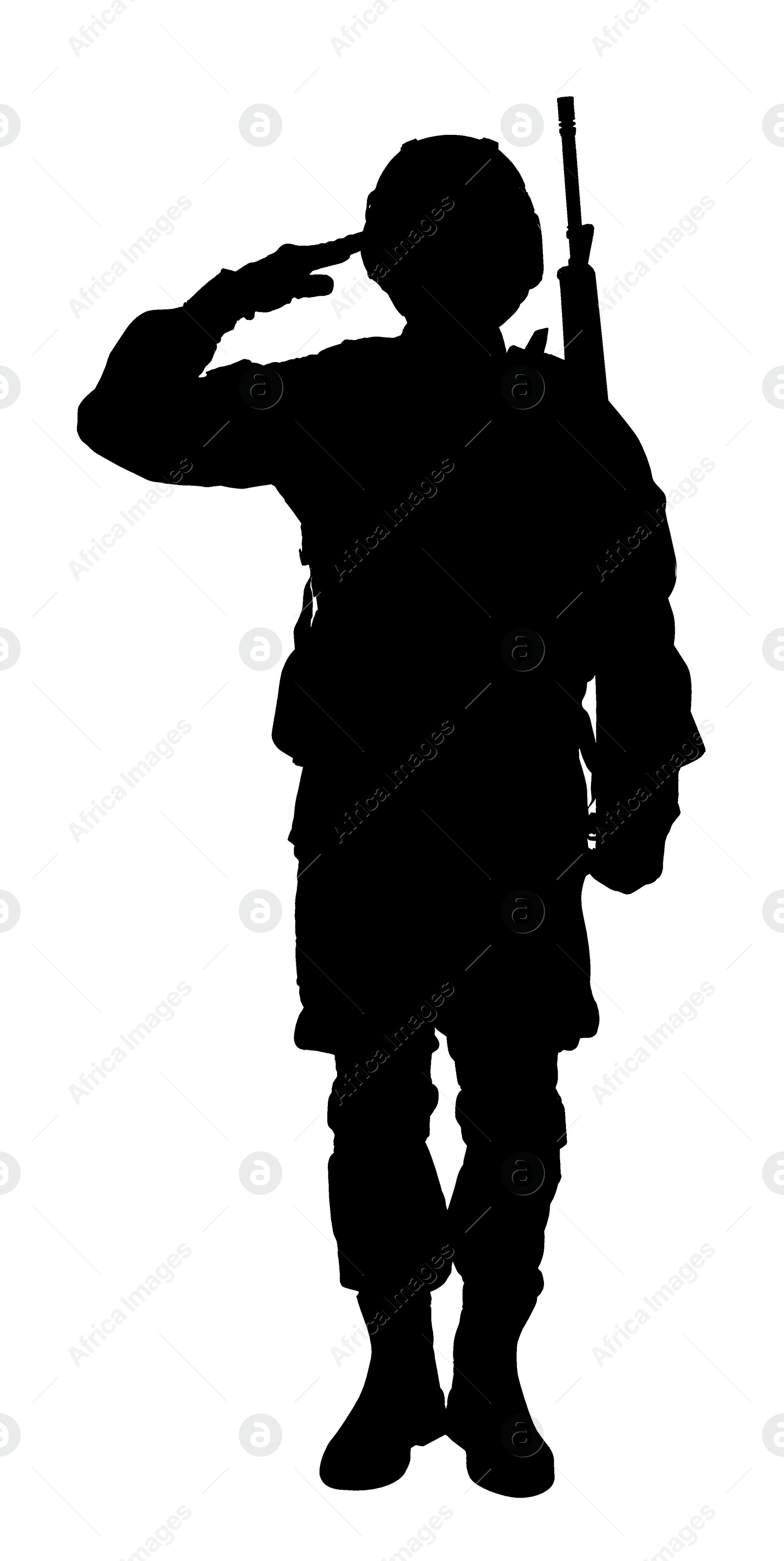 Image of Silhouette of soldier with assault rifle on white background. Military service