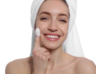 Photo of Woman using silkworm cocoon in skin care routine on white background