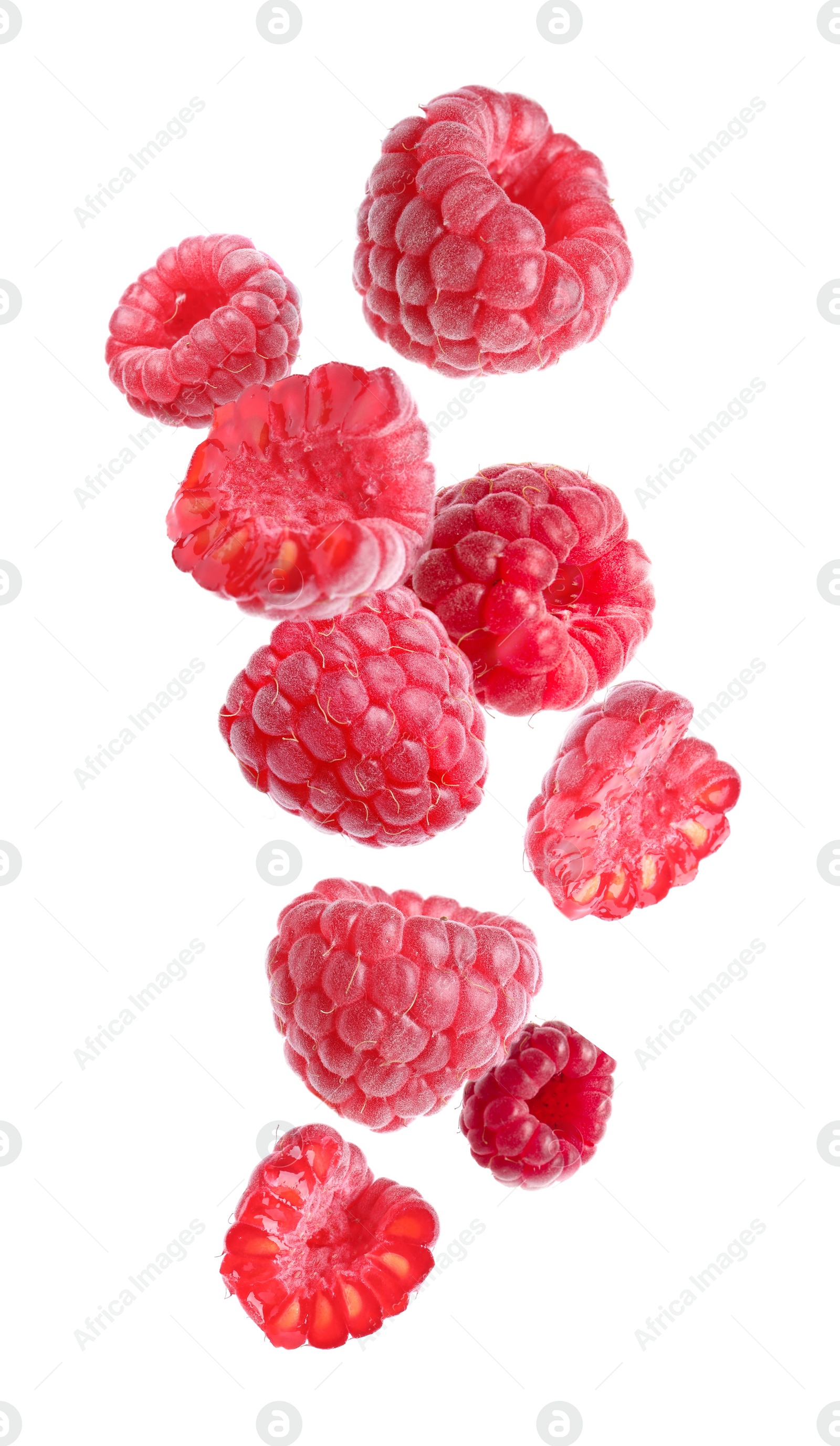 Image of Delicious ripe raspberries flying on white background