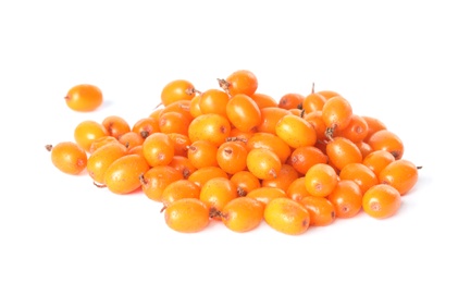 Fresh ripe sea buckthorn berries on white background