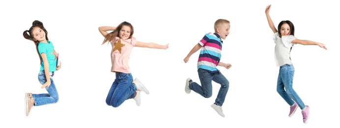 Image of Collage of jumping schoolchildren on white background. Banner design