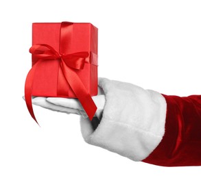 Merry Christmas. Santa Claus holding gift box on white background, closeup