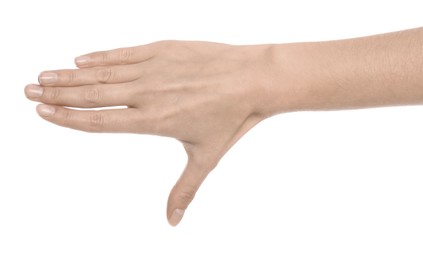 Woman showing pale hand on white background, closeup. Anemia symptom