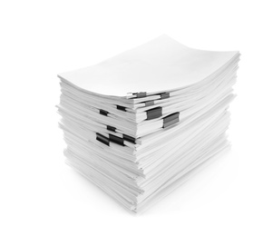 Photo of Stack of documents with black clips on white background