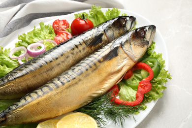 Photo of Tasty smoked fish on light grey marble table, closeup
