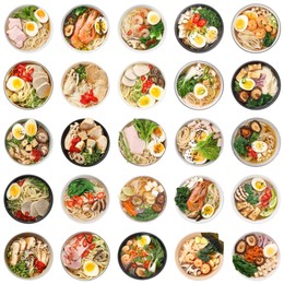 Image of Set with bowls of delicious ramen with different ingredients isolated on white, top view. Noodle soup