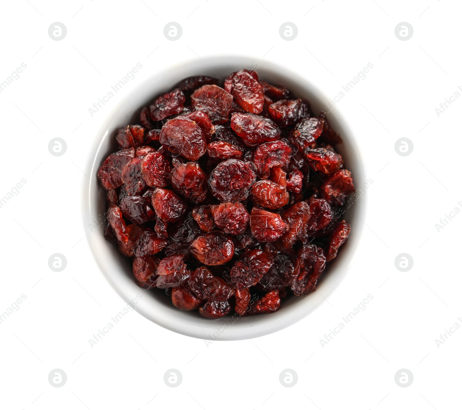 Photo of Bowl with cranberries on white background, top view. Dried fruit as healthy snack