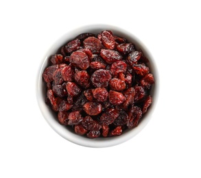 Bowl with cranberries on white background, top view. Dried fruit as healthy snack