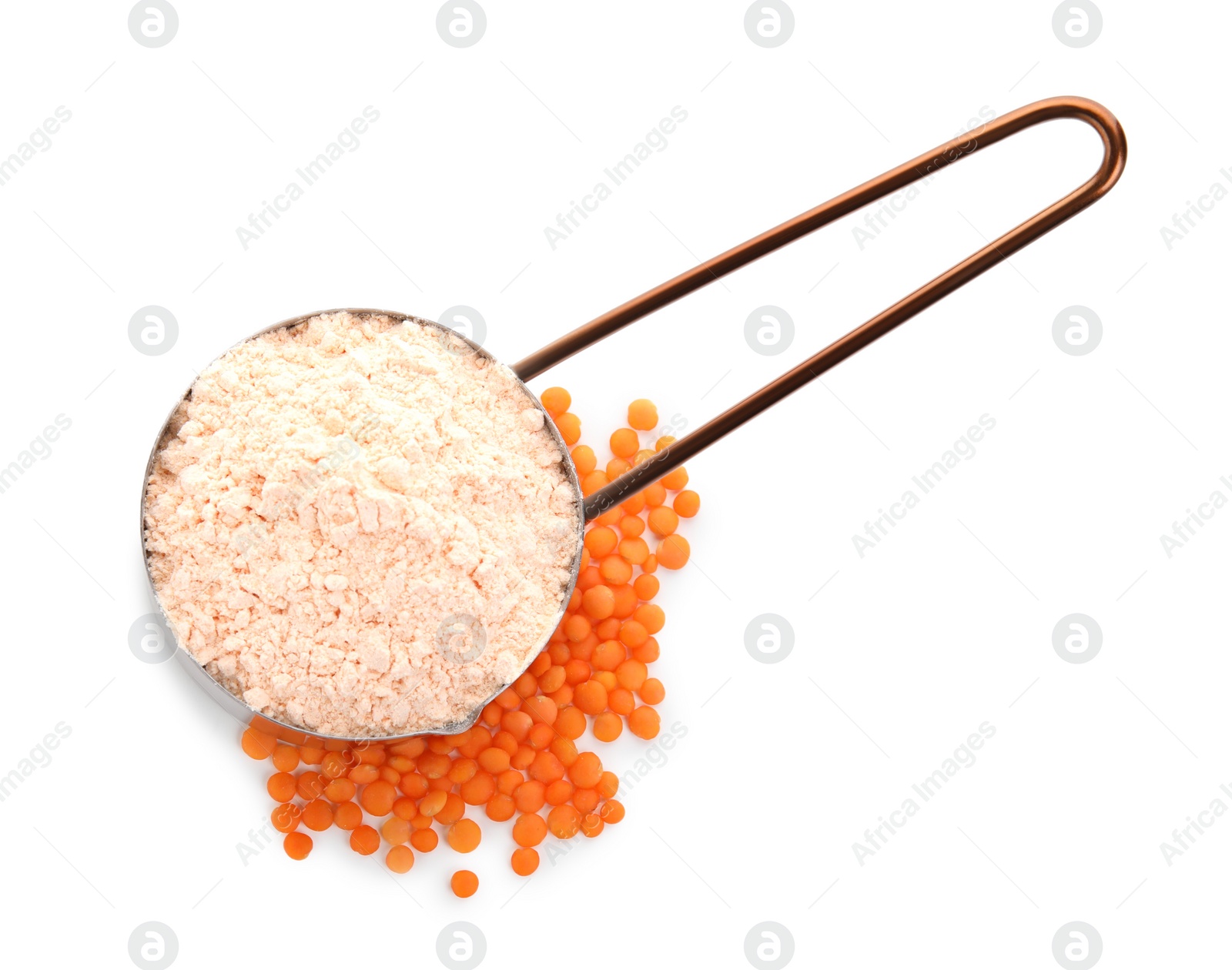 Photo of Lentil flour in iron dish and seeds isolated on white, top view