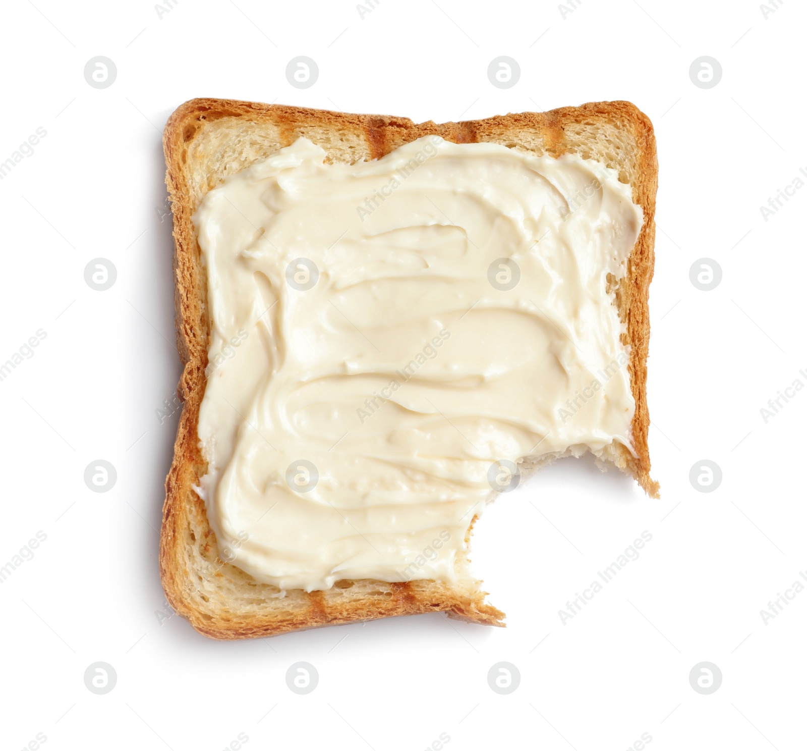 Photo of Bitten toast bread with cream cheese on white background