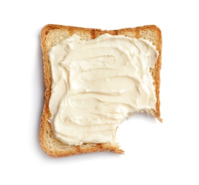 Bitten toast bread with cream cheese on white background
