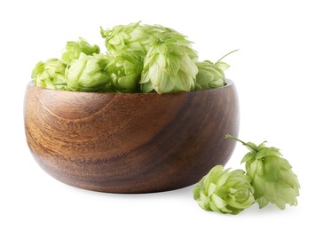 Photo of Wooden bowl with fresh green hops on white background