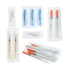 Packed disposable syringes with needles on white background, collage