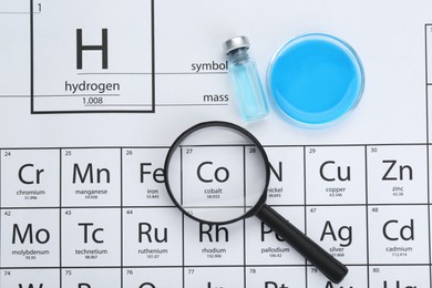 Magnifying glass, bottle and Petri dish on periodic table of chemical elements, flat lay