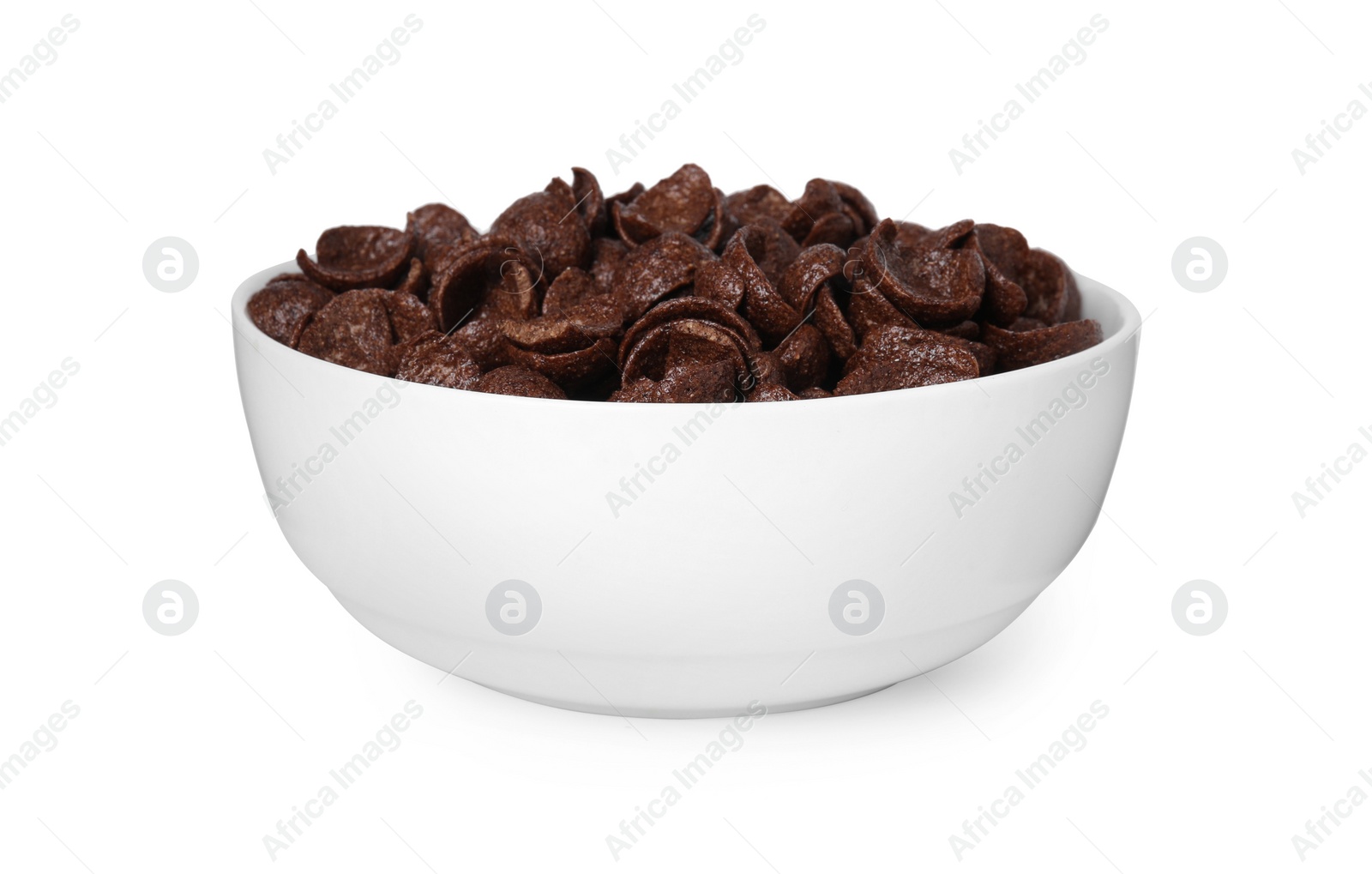 Photo of Breakfast cereal. Chocolate corn flakes in bowl isolated on white