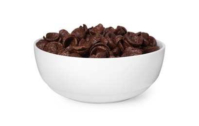 Photo of Breakfast cereal. Chocolate corn flakes in bowl isolated on white