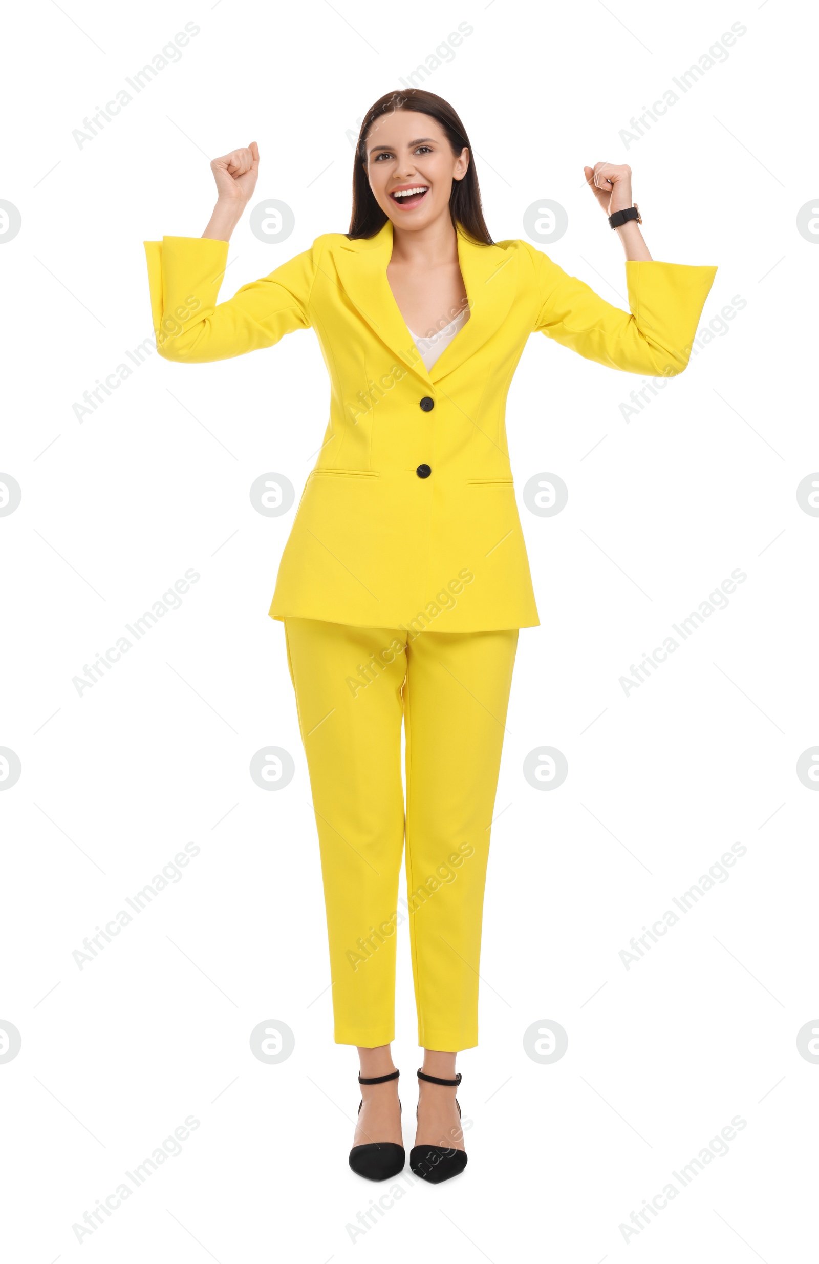 Photo of Beautiful businesswoman in yellow suit on white background