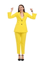 Photo of Beautiful businesswoman in yellow suit on white background