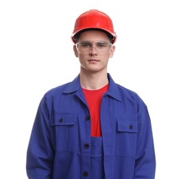 Young man wearing safety equipment on white background