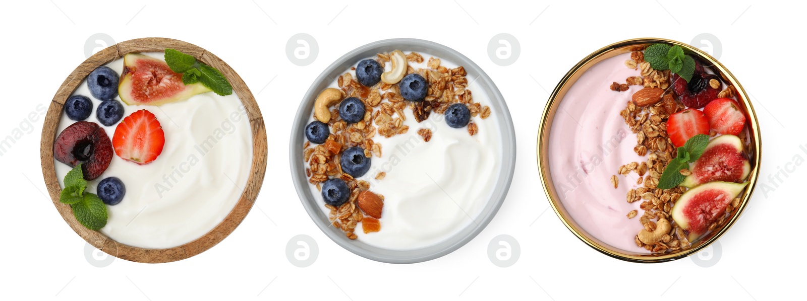 Image of Different delicious yogurts in bowls isolated on white, top view