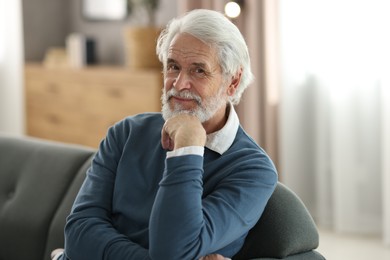 Portrait of happy grandpa with grey hair sitting on sofa indoors