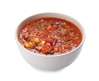 Bowl with tasty chili con carne on white background