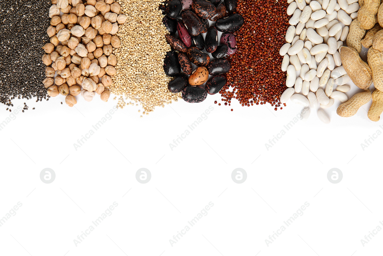 Photo of Various raw veggie seeds on white background, top view