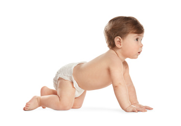 Cute little baby in diaper on white background