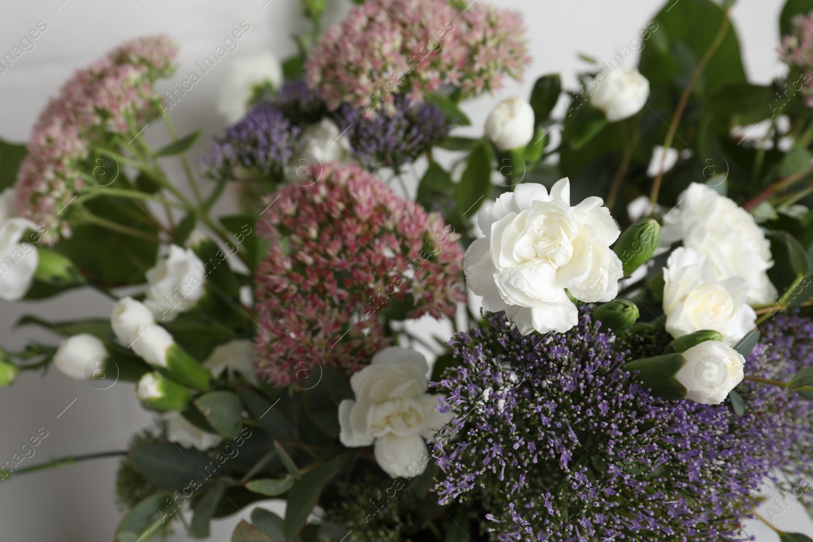 Photo of Bouquet of beautiful flowers on white background, closeup