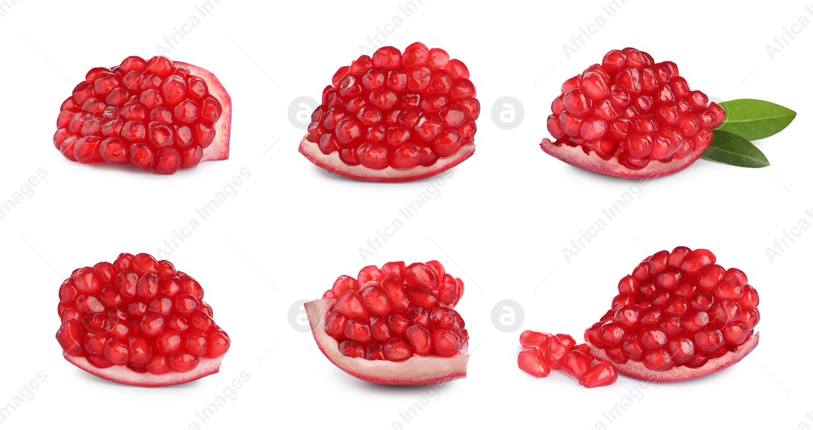 Image of Pieces of ripe juicy pomegranate on white background, collage. Banner design