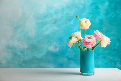 Photo of Vase with beautiful ranunculus flowers on color background