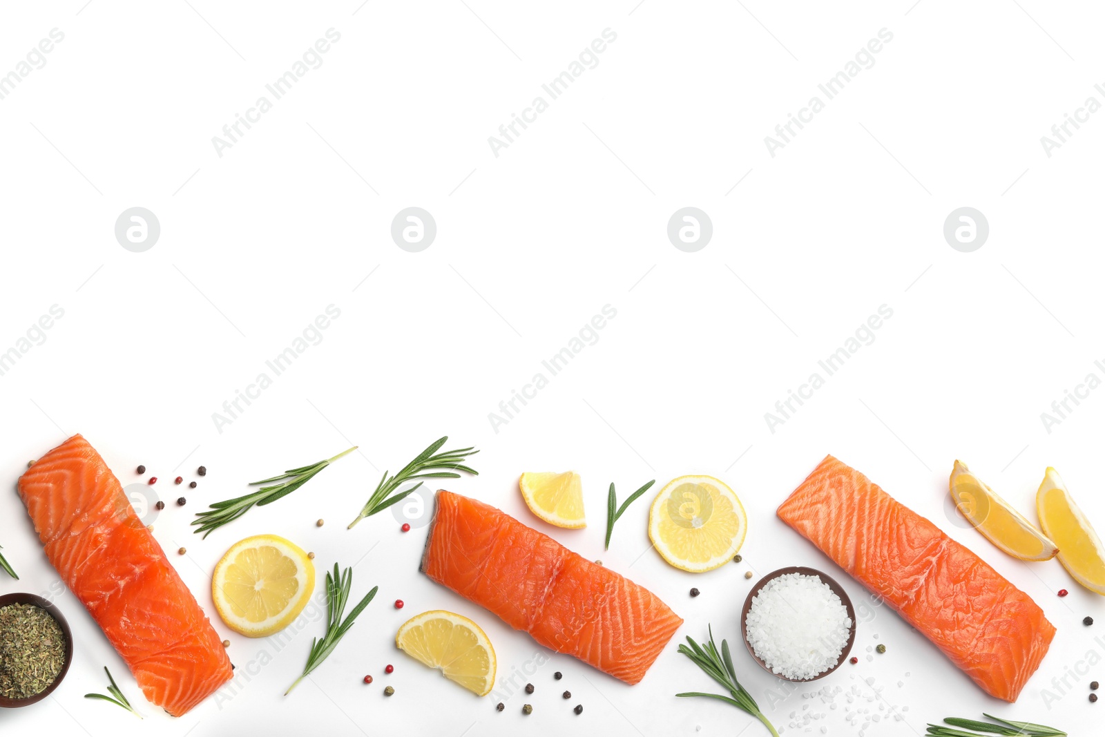 Photo of Composition with fresh raw salmon fillets on white background, top view