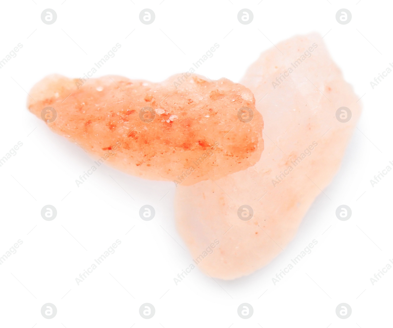 Photo of Crystals of pink himalayan salt isolated on white, top view