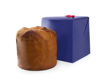 Photo of Delicious Panettone cake and box on white background. Traditional Italian pastry