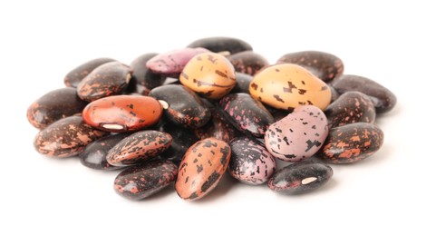 Pile of raw beans on white background. Vegetable planting