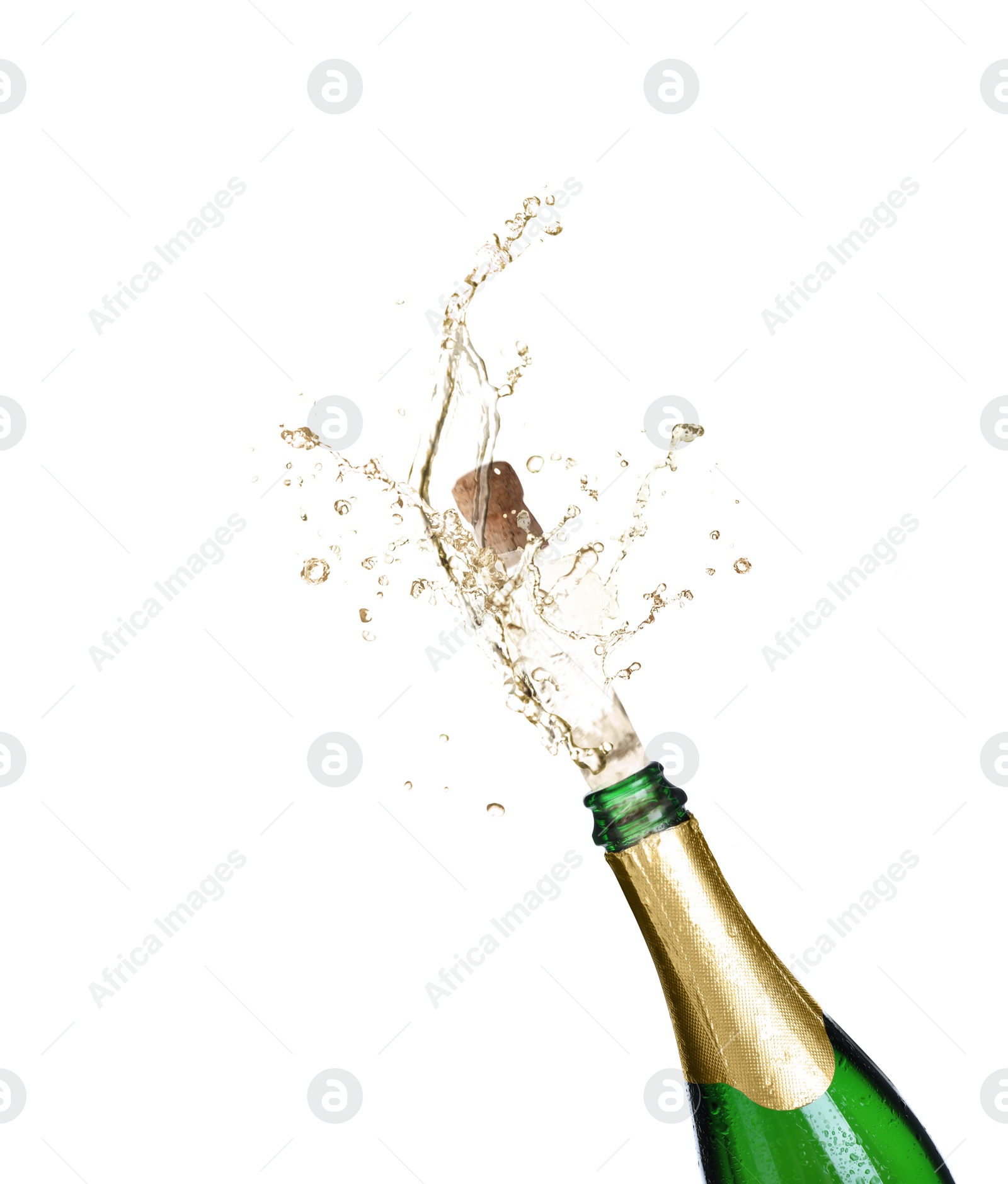 Image of Sparkling wine splashing out of bottle on white background