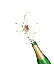 Image of Sparkling wine splashing out of bottle on white background