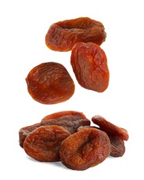 Tasty dried apricots falling on white background