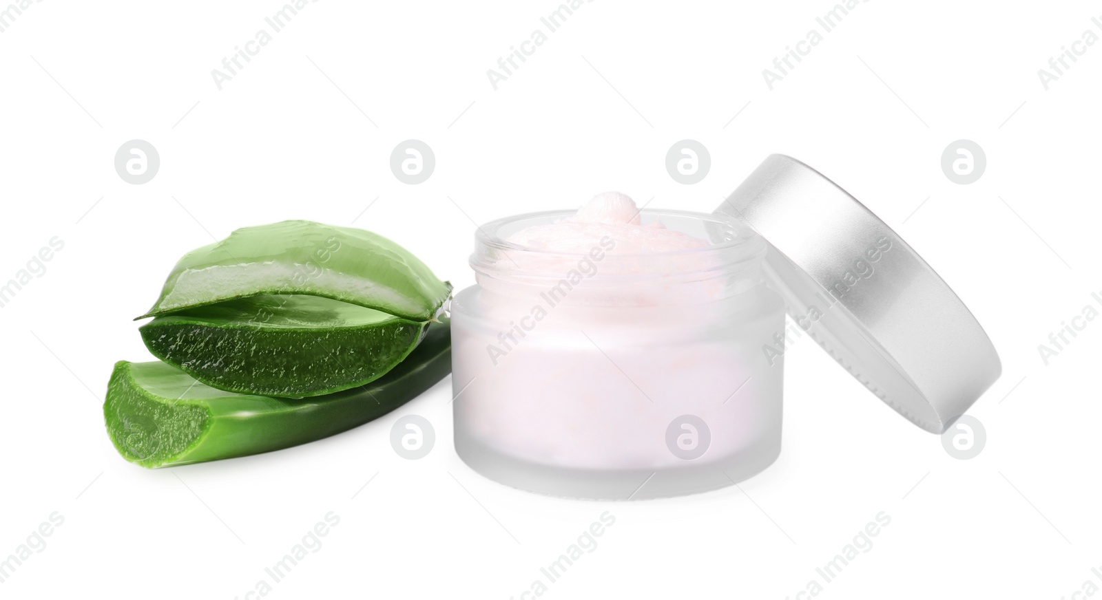 Photo of Jar of natural cream and cut aloe isolated on white