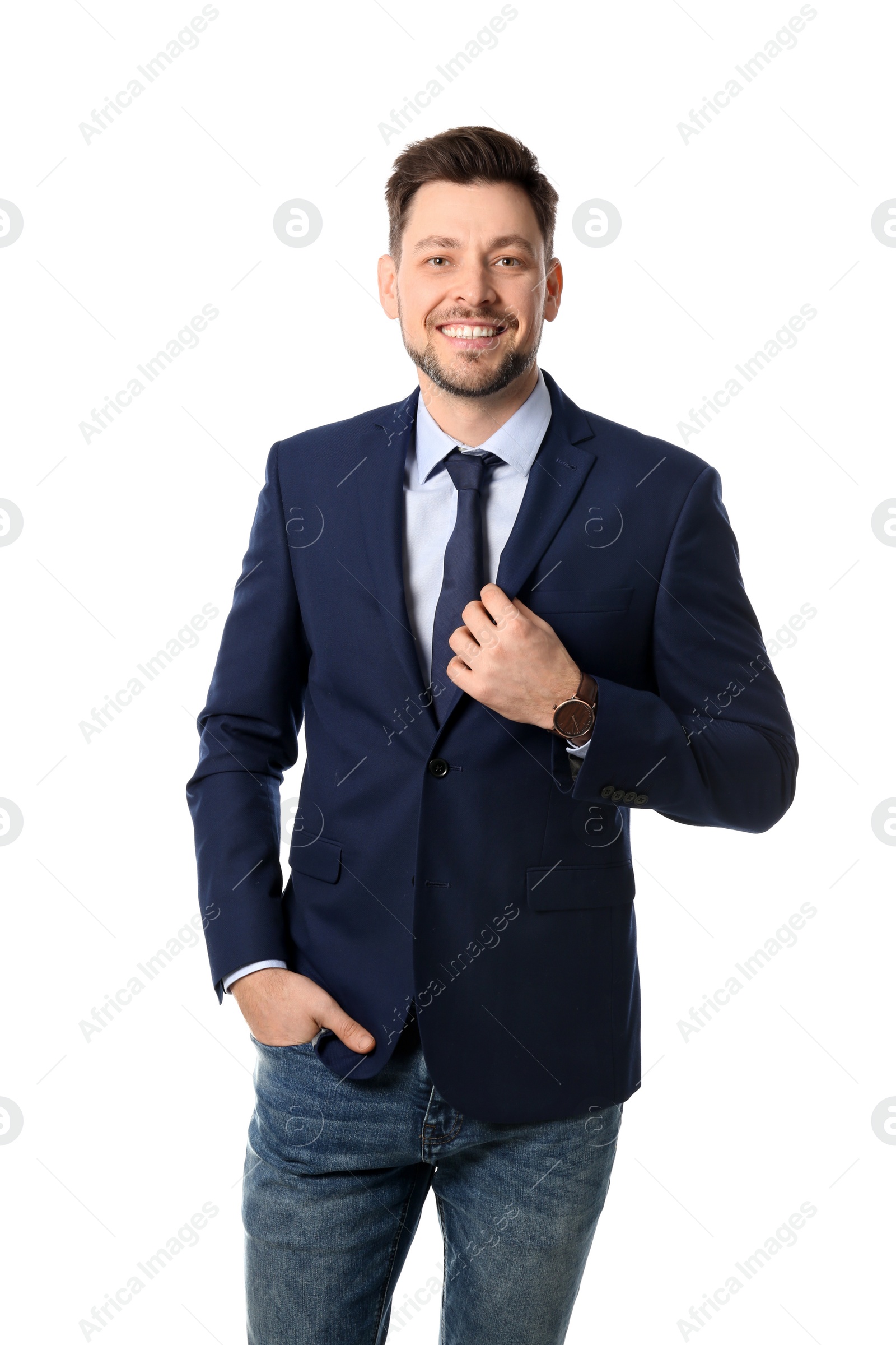 Photo of Portrait of happy businessman posing on white background