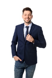 Portrait of happy businessman posing on white background